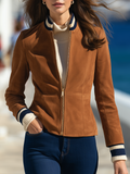 Navy Striped Rib Faux Suede Zip-Up Jacket