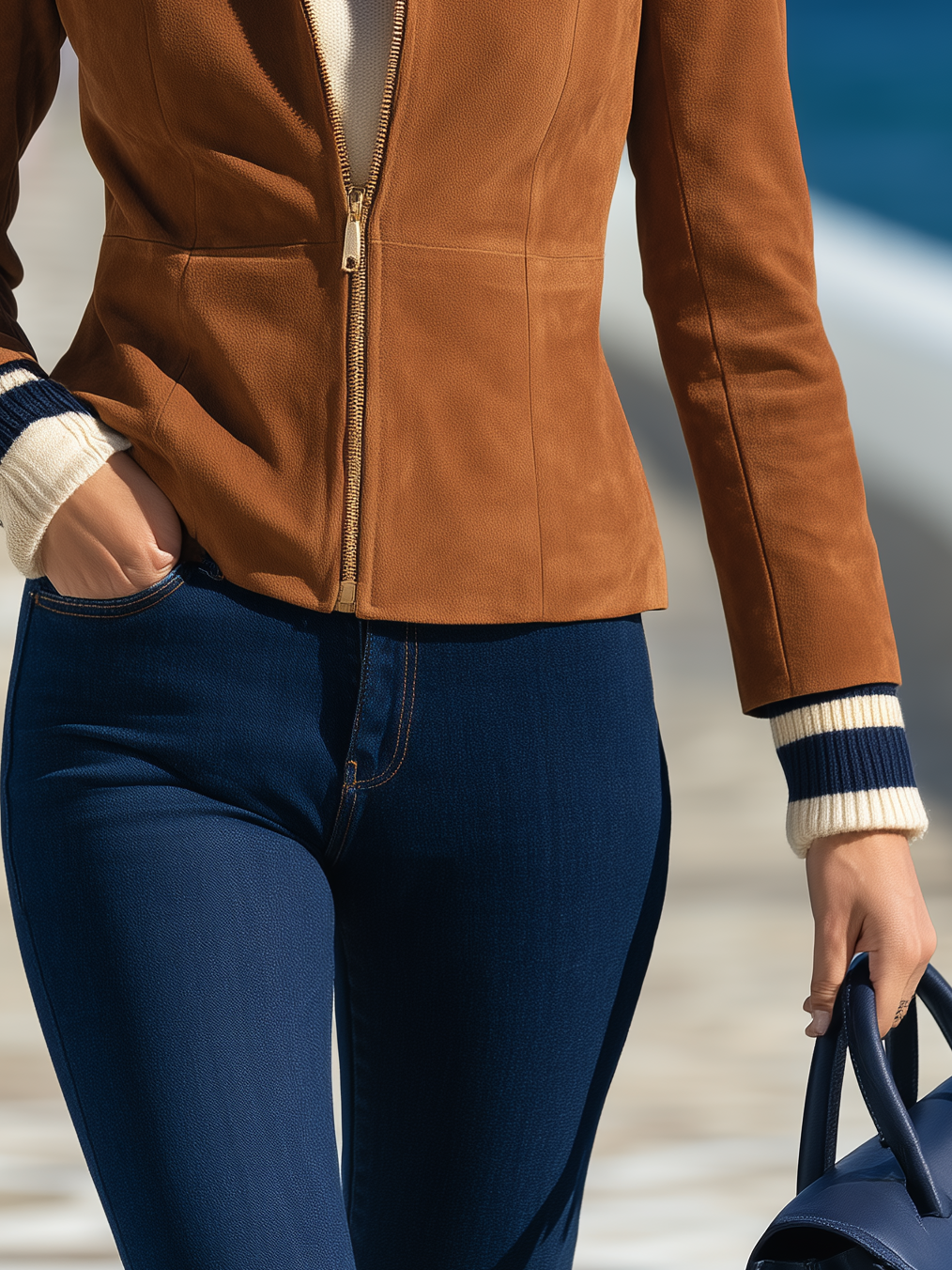 Navy Striped Rib Faux Suede Zip-Up Jacket