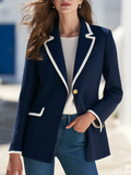 White Contrast Piping Navy Herringbone Blazer