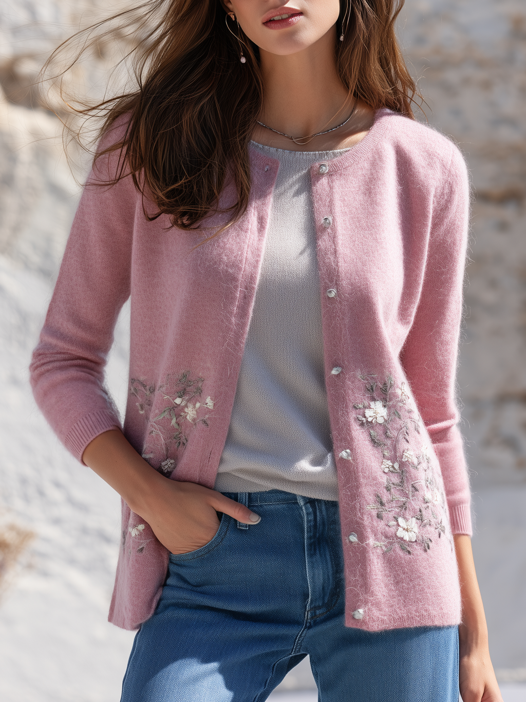 Casual And Comfortable Floral Pattern Knitted Cardigan