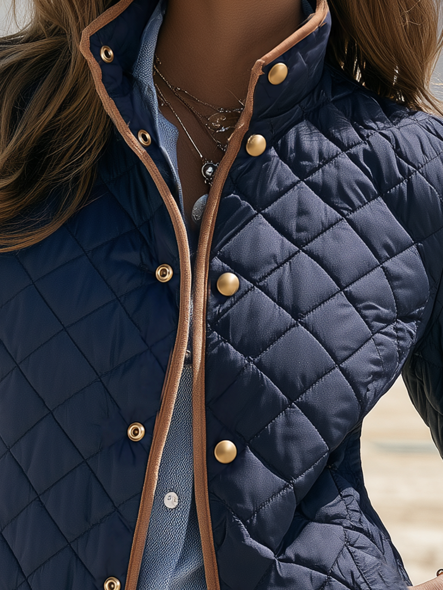 Old Money Navy Diamond Quilted Contrast Trim Stand Collar Jacket