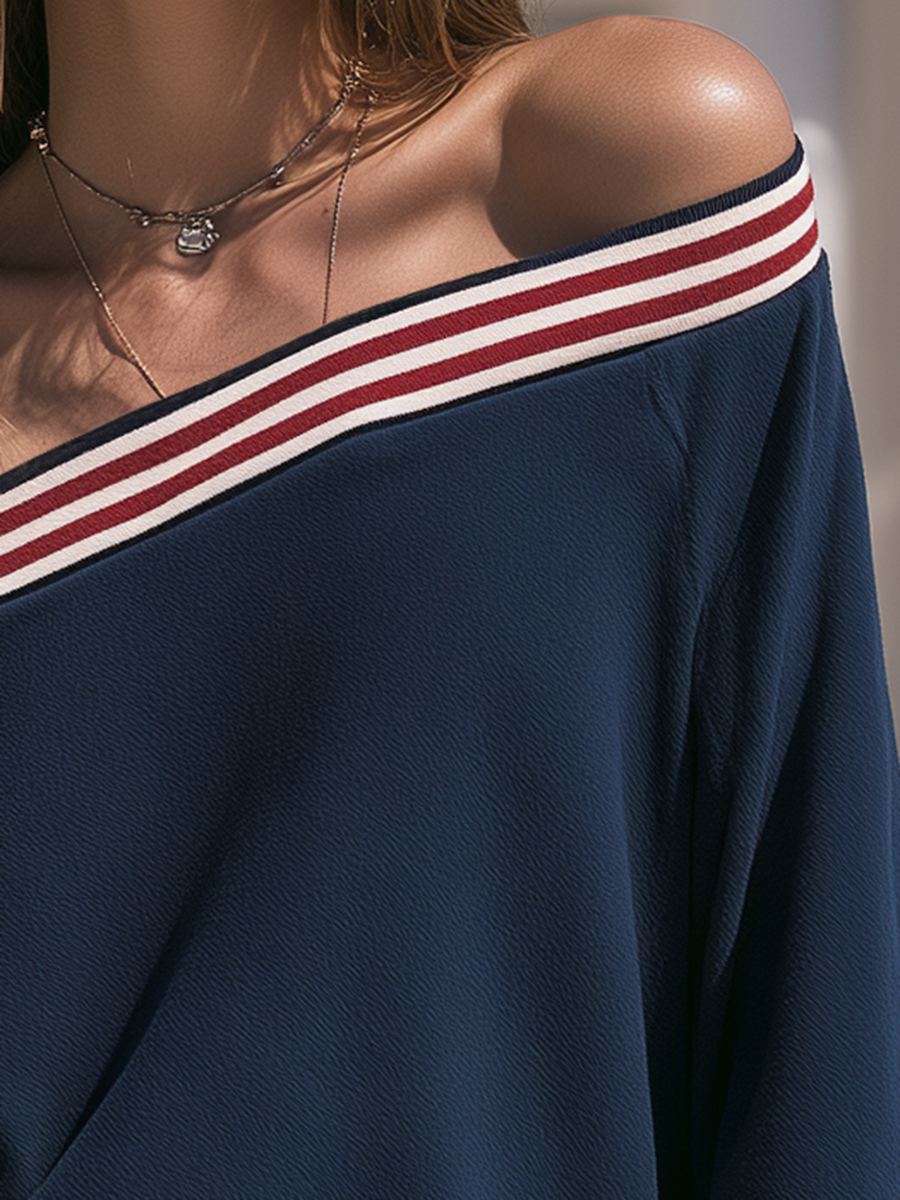 Navy Color-block Stripe Off-shoulder Loose Drop Shoulder Sweatshirt