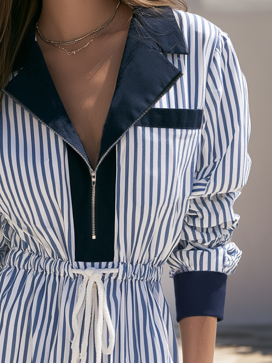 Nautical Blue White Vertical Stripe Contrast Collar Drawstring Waist Mini Dress