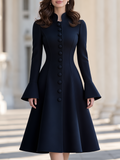 Elegant Single Breasted Stand Collar Flare Sleeve Midi Coat