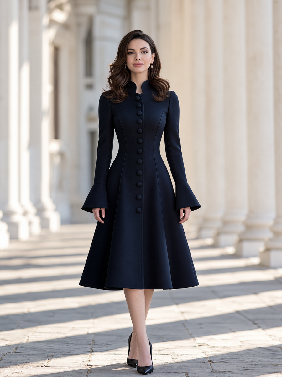 Elegant Single Breasted Stand Collar Flare Sleeve Midi Coat