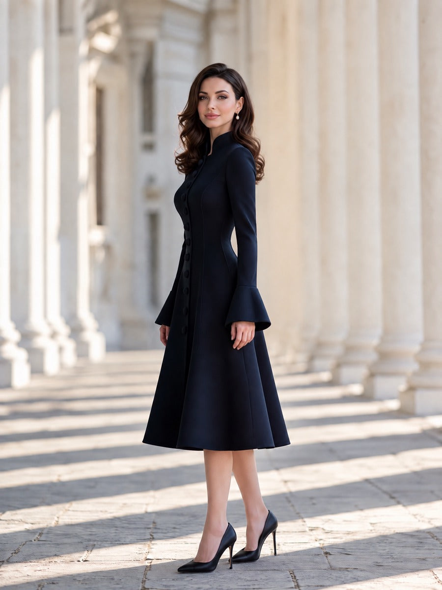 Elegant Single Breasted Stand Collar Flare Sleeve Midi Coat