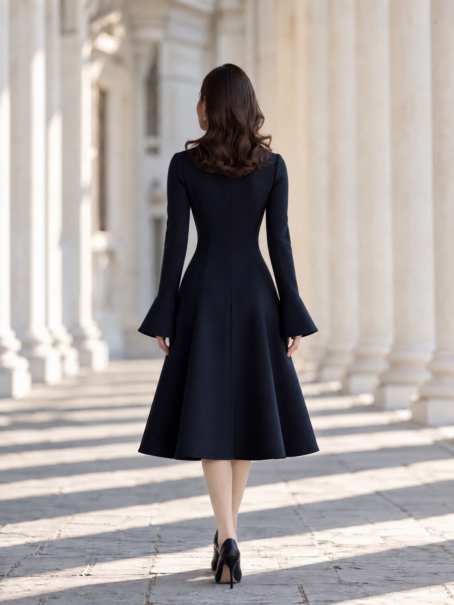 Elegant Single Breasted Stand Collar Flare Sleeve Midi Coat