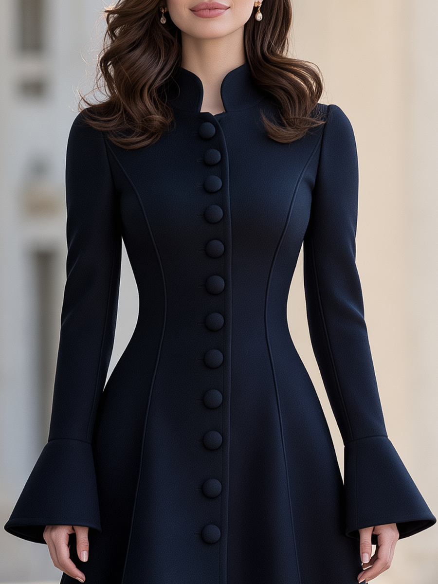 Elegant Single Breasted Stand Collar Flare Sleeve Midi Coat