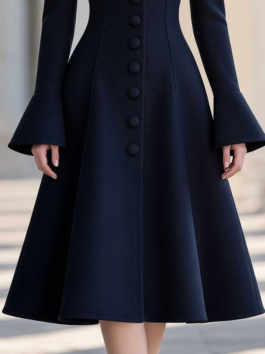 Elegant Single Breasted Stand Collar Flare Sleeve Midi Coat