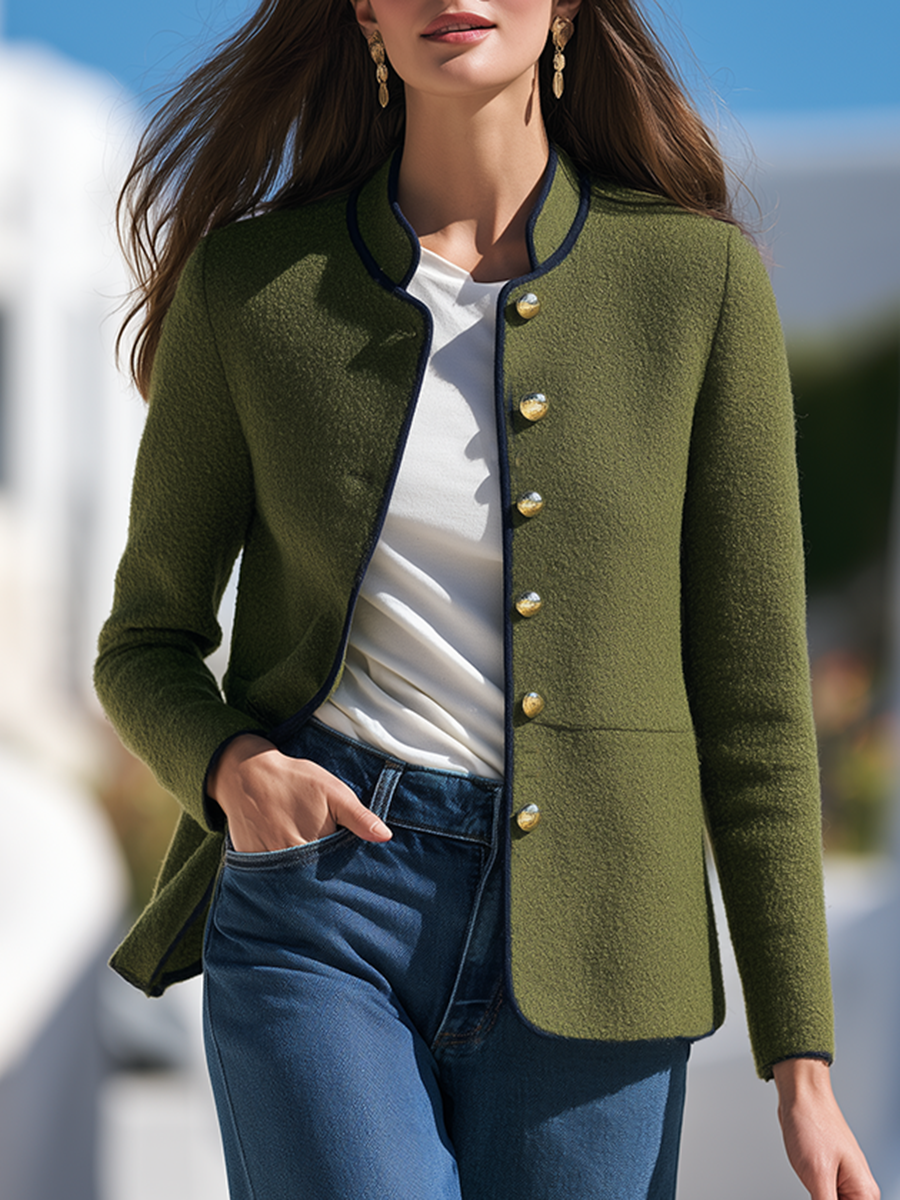 Old Money Stand-Collar Navy Piping and Gold Buttons Olive Green Textured Jacket