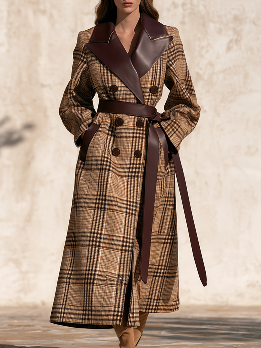 Vintage-style Faux-leather Collared Double Breasted Plaid Wool Coat