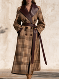 Vintage-style Faux-leather Collared Double Breasted Plaid Wool Coat