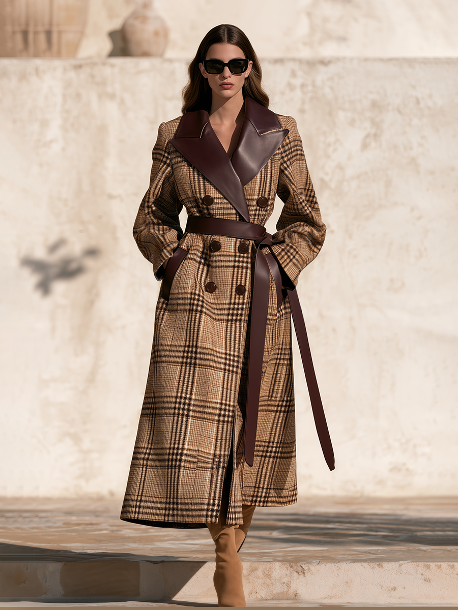 Vintage-style Faux-leather Collared Double Breasted Plaid Wool Coat