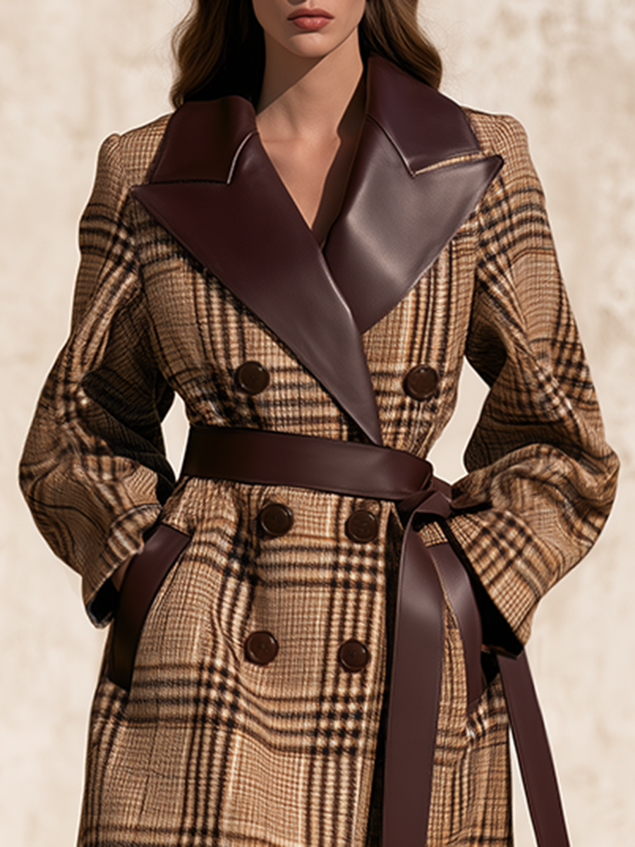 Vintage-style Faux-leather Collared Double Breasted Plaid Wool Coat