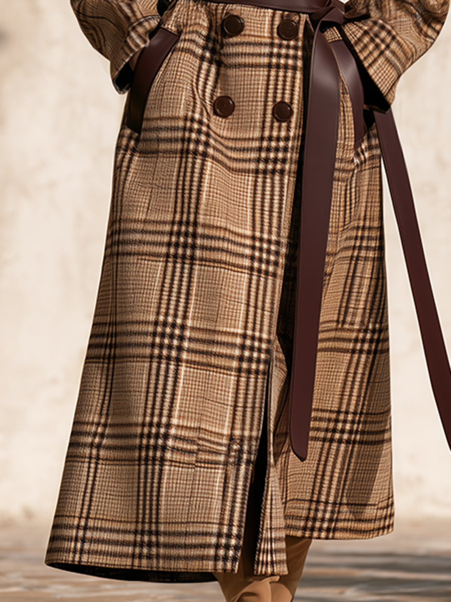 Vintage-style Faux-leather Collared Double Breasted Plaid Wool Coat