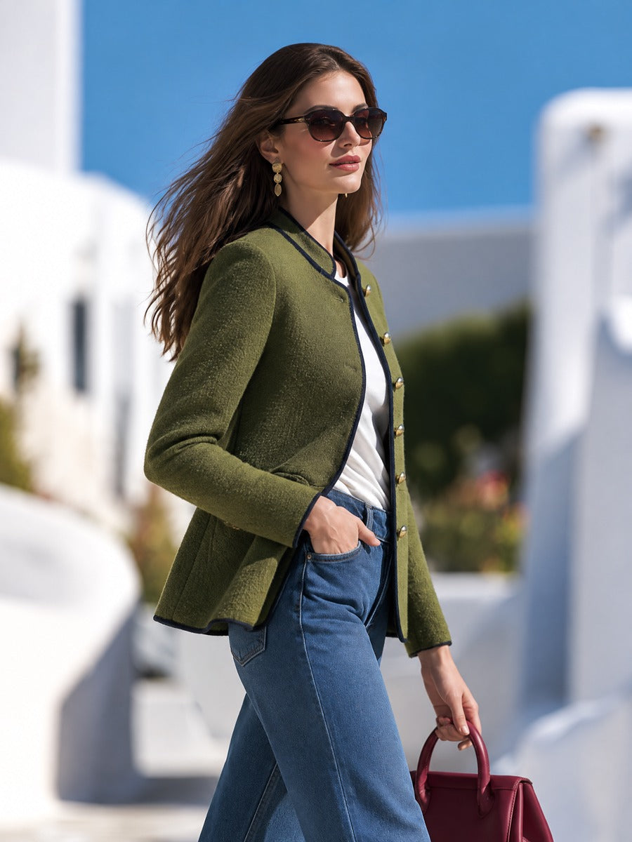 Old Money Stand-Collar Navy Piping and Gold Buttons Olive Green Textured Jacket