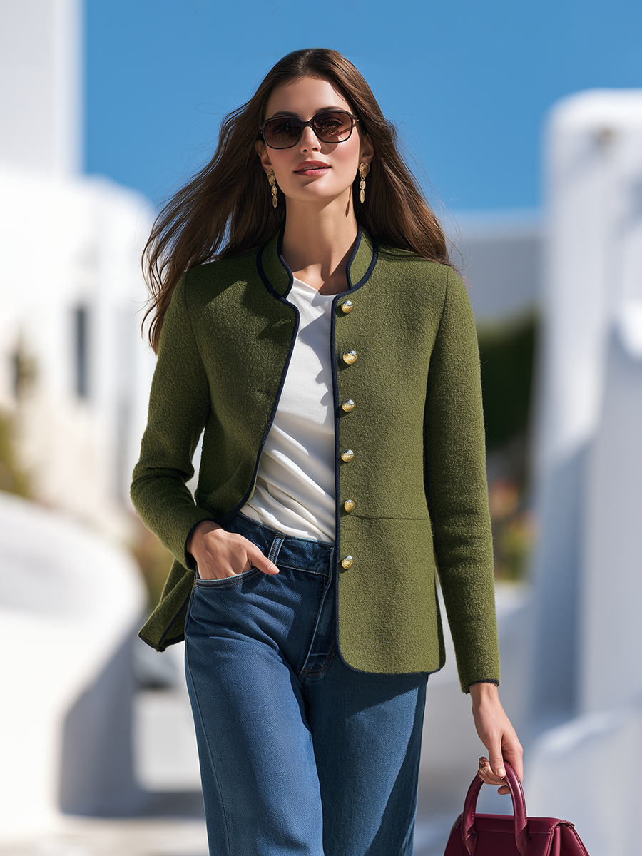 Old Money Stand-Collar Navy Piping and Gold Buttons Olive Green Textured Jacket