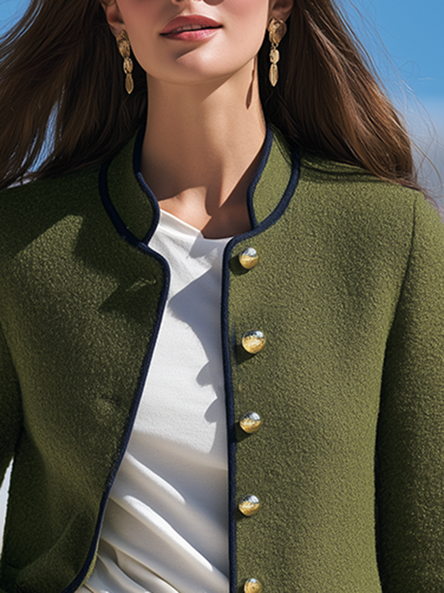 Old Money Stand-Collar Navy Piping and Gold Buttons Olive Green Textured Jacket