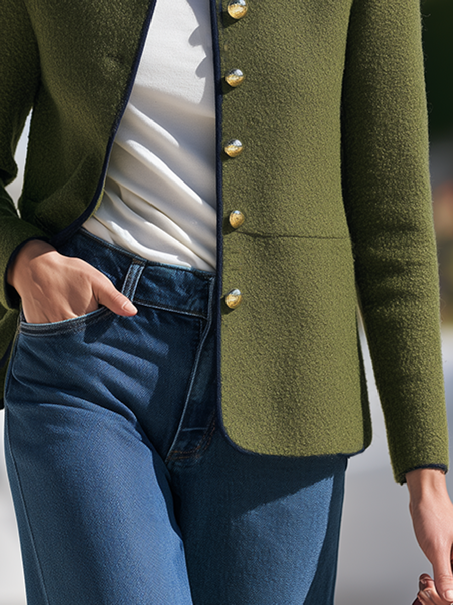 Old Money Stand-Collar Navy Piping and Gold Buttons Olive Green Textured Jacket
