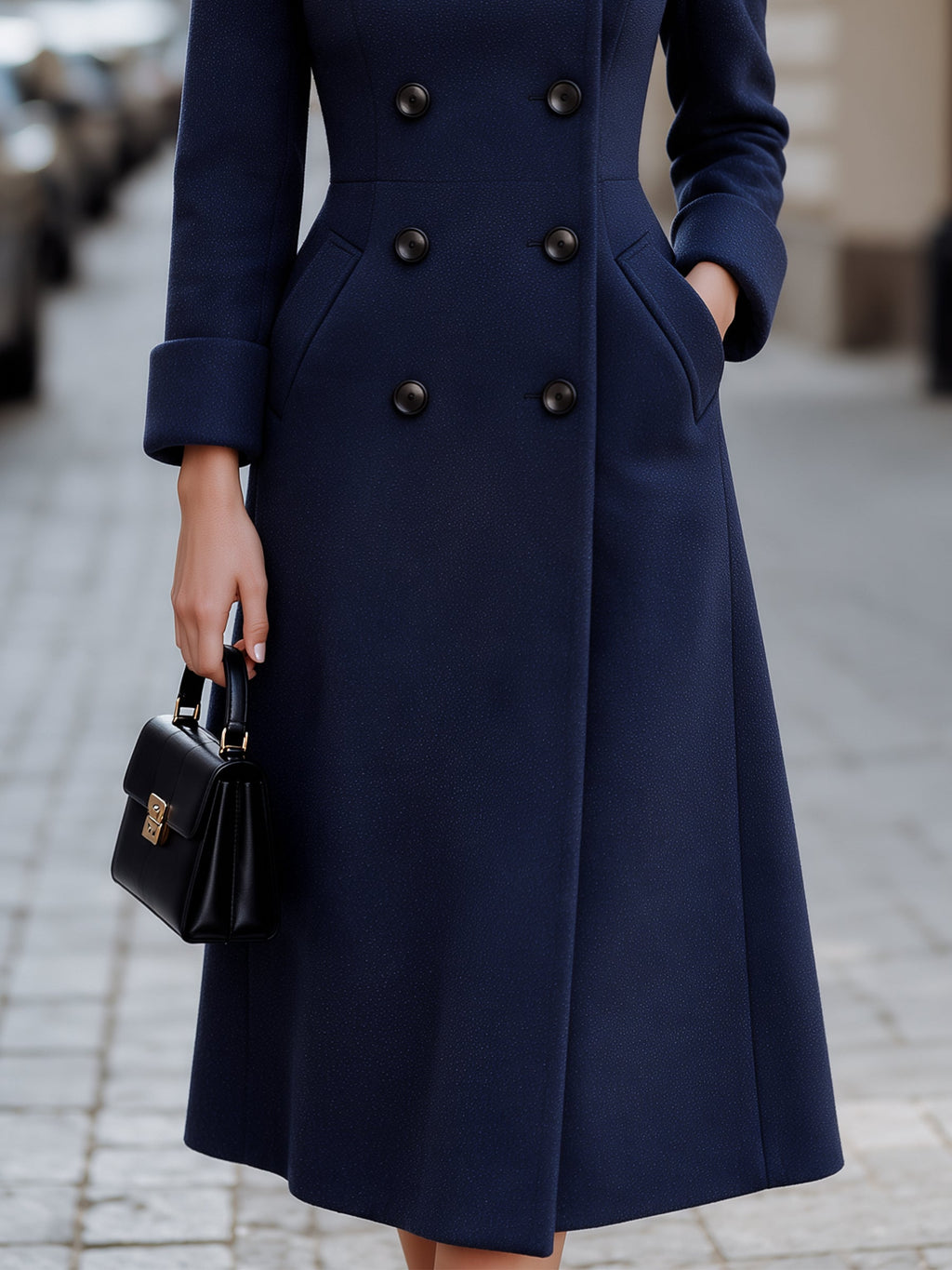 Double-Breasted High Neck Woolen Long Coat