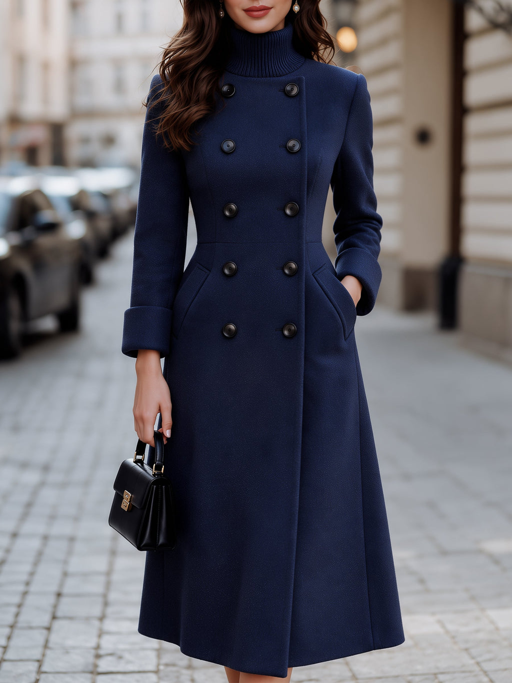 Double-Breasted High Neck Woolen Long Coat
