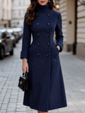 Double-Breasted High Neck Woolen Long Coat