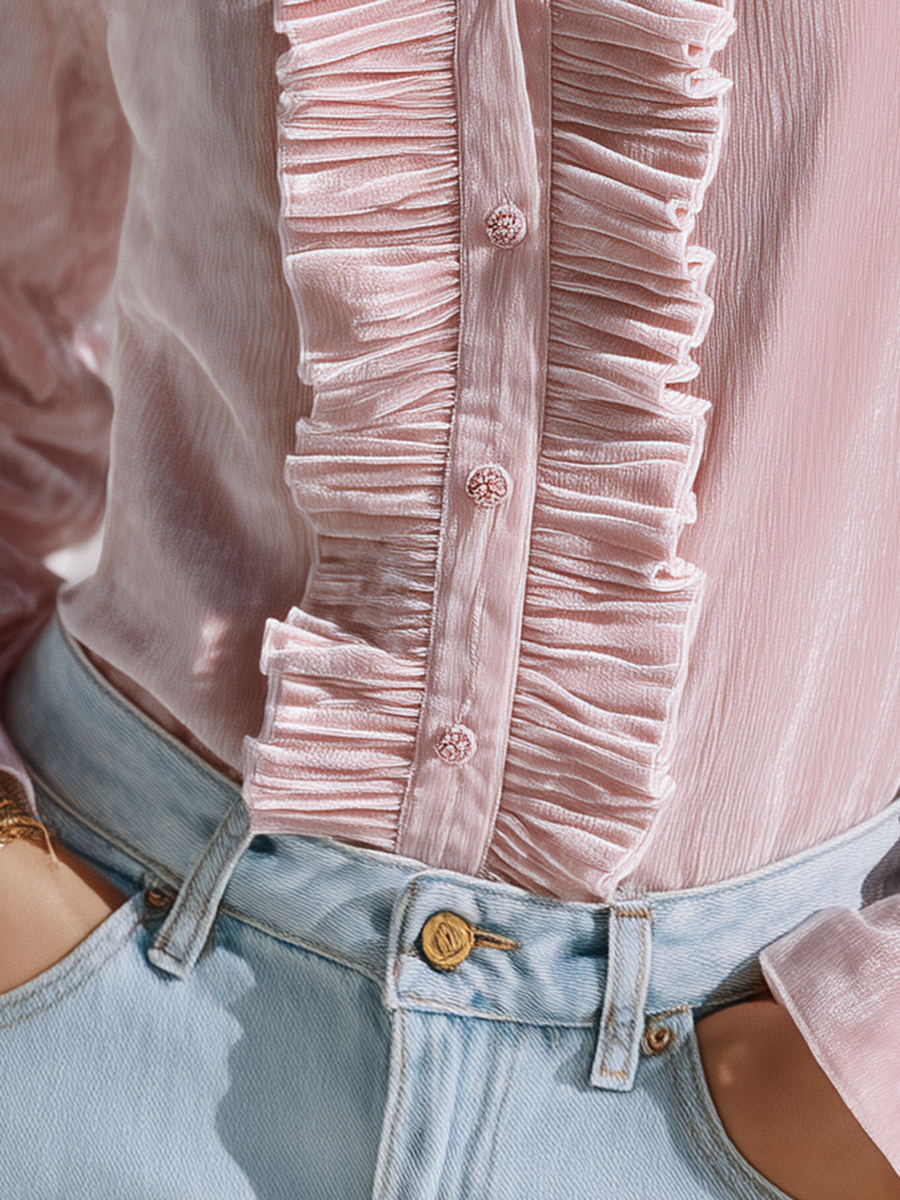 Resort-style V-neck Ruffled Solid Color Long-sleeved Top