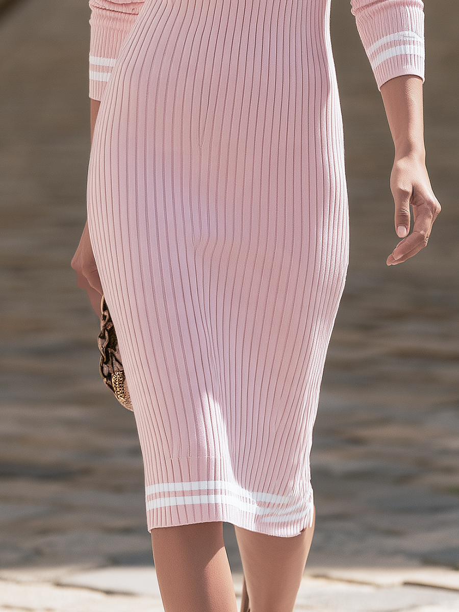 Resort-style Striped Hem And Lapel Collar Midi Dress