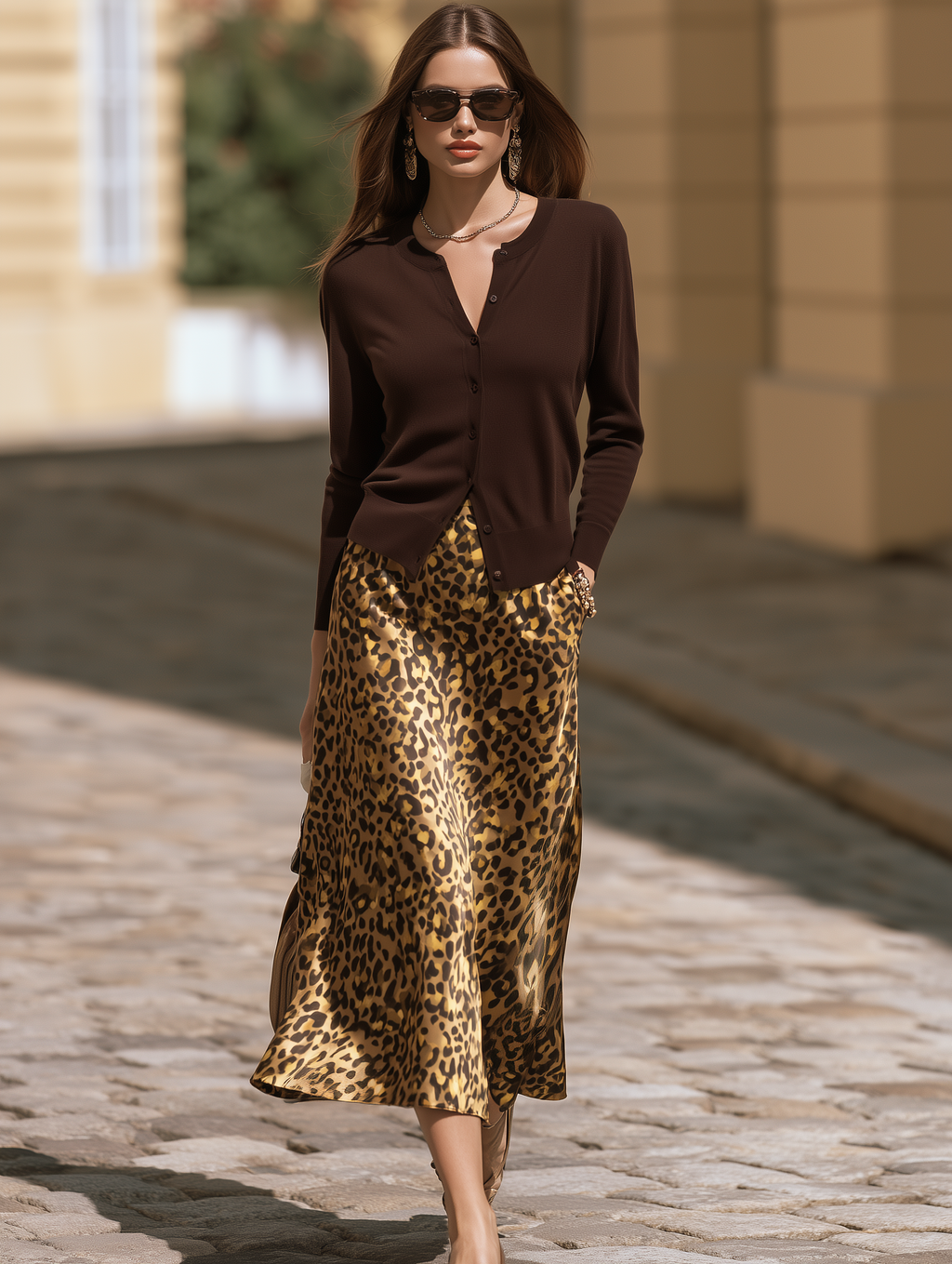 Vacation-style V-neck Long-sleeve Top And Leopard-print Satin Skirt Set