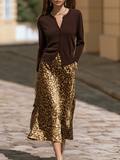 Vacation-style V-neck Long-sleeve Top And Leopard-print Satin Skirt Set