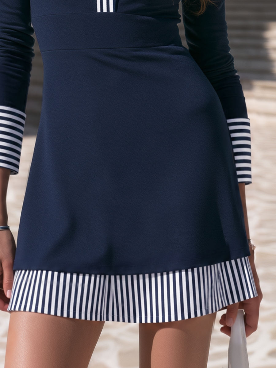 Nautical Navy Contrast Stripe Collared Waisted A-line Mini Dress