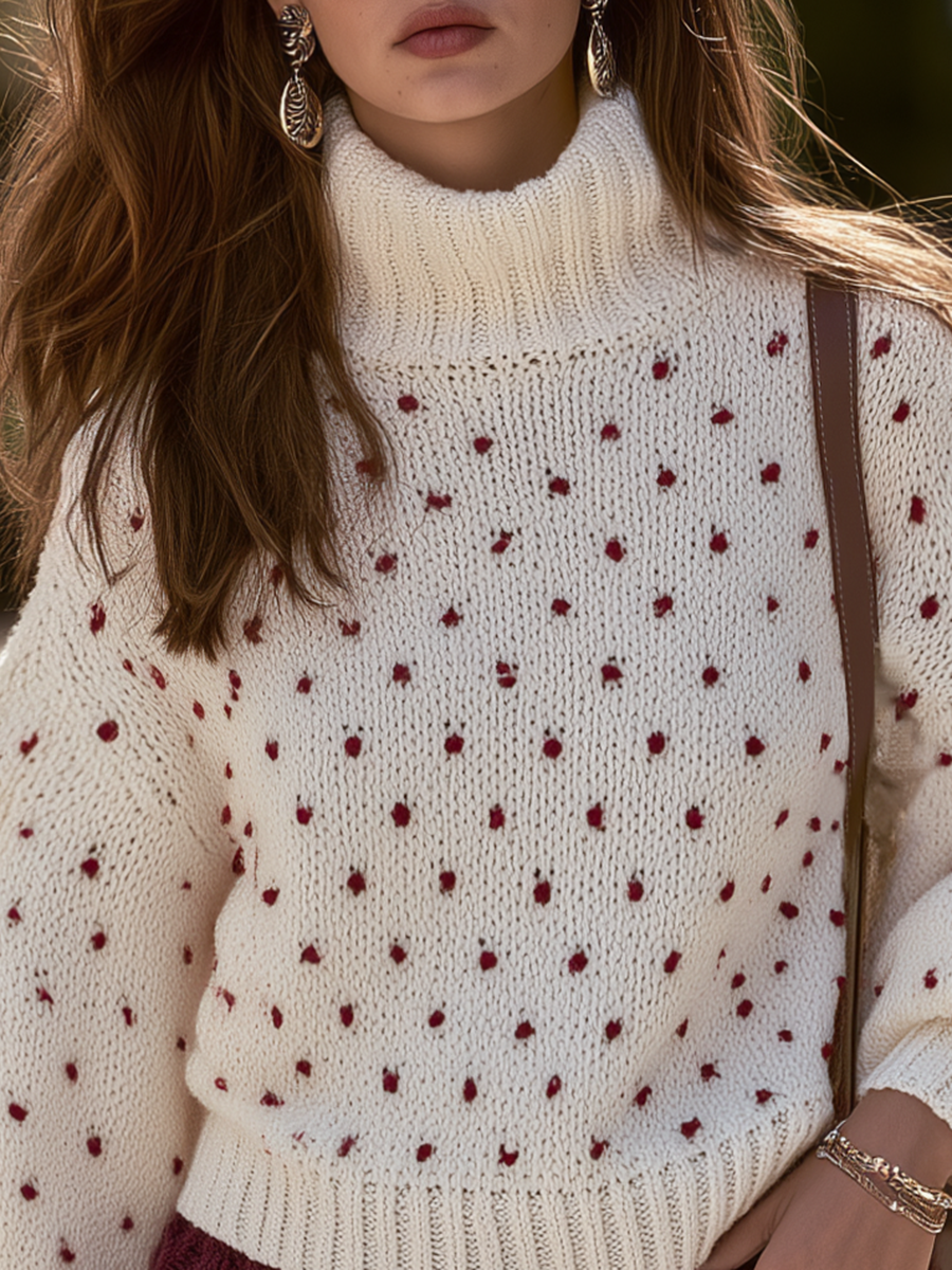 Resort-style High-neck Polka-dot Sweater And Cable-knit Skirt Set