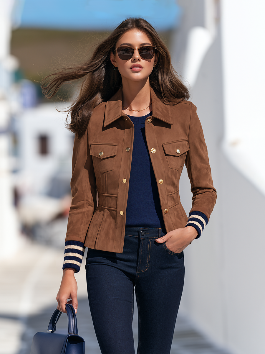 Women's Striped Cuffs Brown Faux Suede Button-Up Jacket