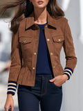 Women's Striped Cuffs Brown Faux Suede Button-Up Jacket