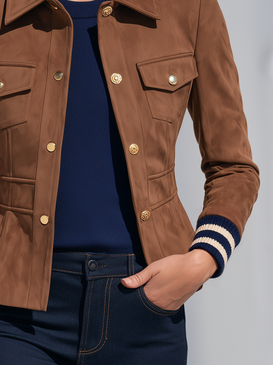 Women's Striped Cuffs Brown Faux Suede Button-Up Jacket