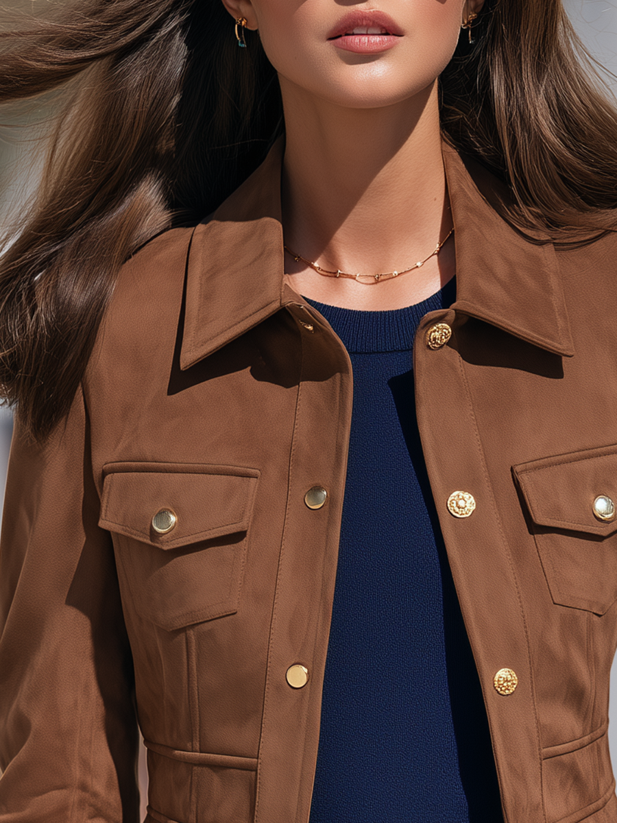 Women's Striped Cuffs Brown Faux Suede Button-Up Jacket