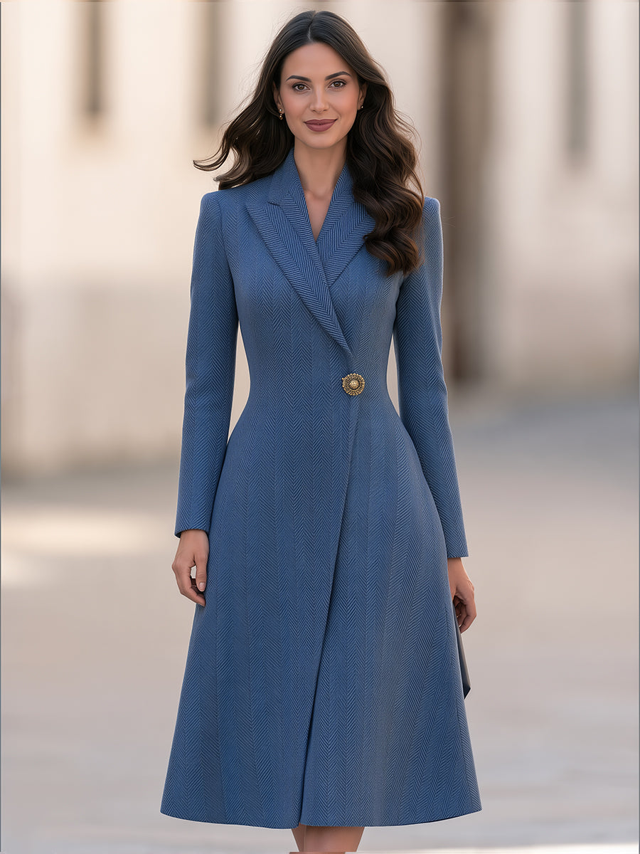 Elegant Herringbone Lapel Collar Fit-and-Flare Coat