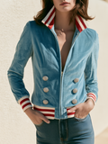 Retro Nautical Striped Collar And Cuffs Sky Blue Velvet Jacket