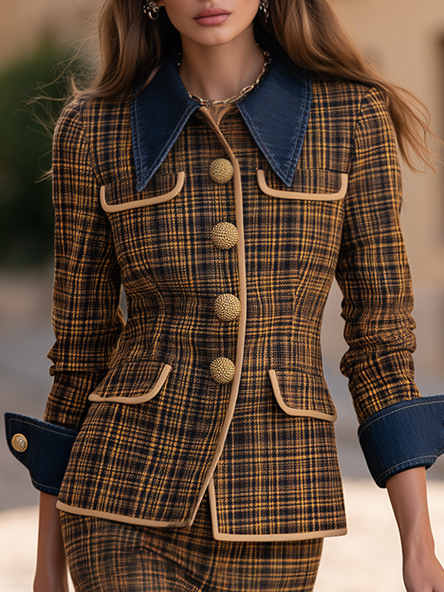 Vacation-style Plaid Long-sleeve Top With A Denim Collar And Matching Skirt Set
