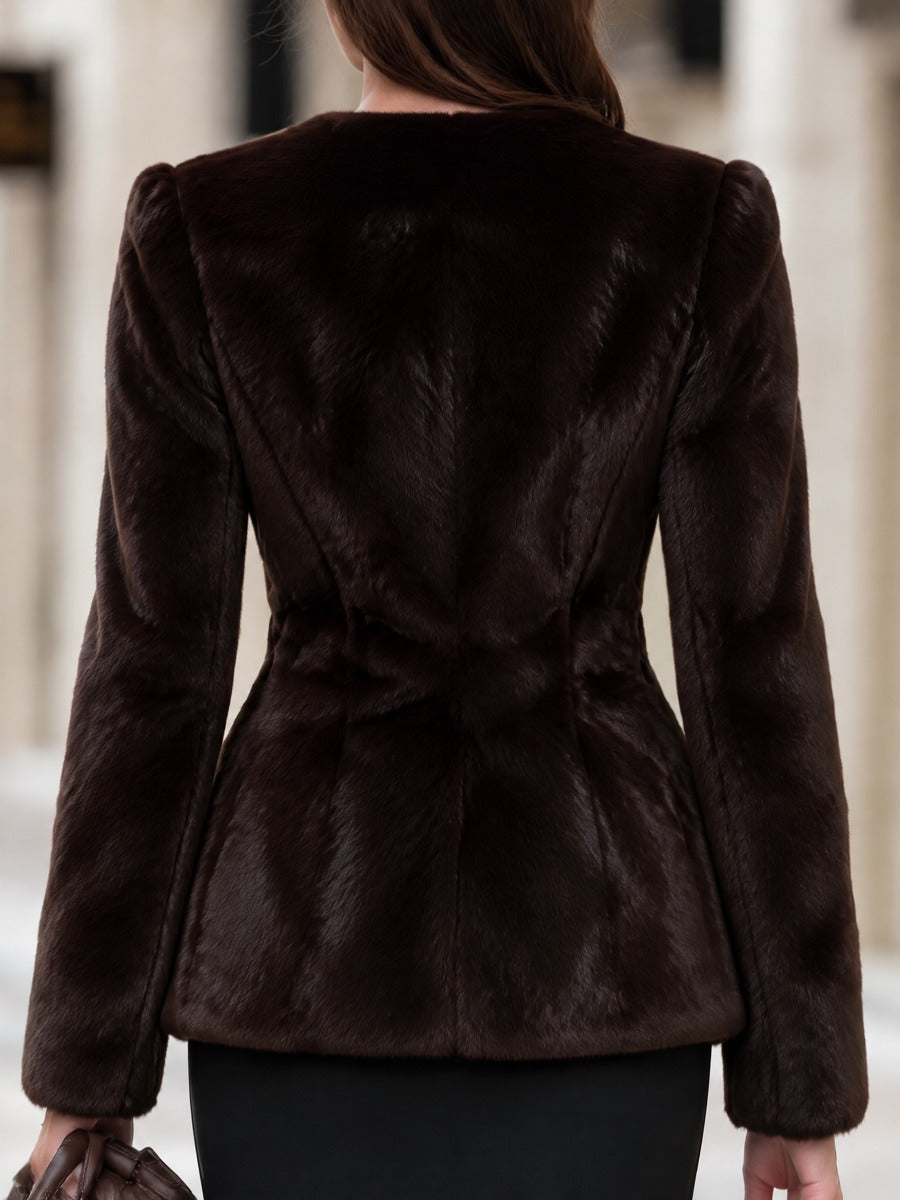 Round-Neck Faux Fur Jacket With Gold-Tone Toggle Clasps