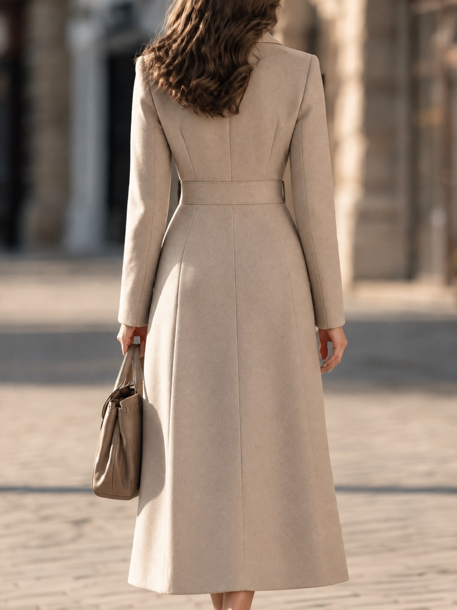 Asymmetric Wrap-Front Fit-and-Flare Longline Coat With Notched Lapels