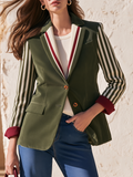 Retro Striped Cuff Olive Green Single-Breasted Faux Suede Blazer