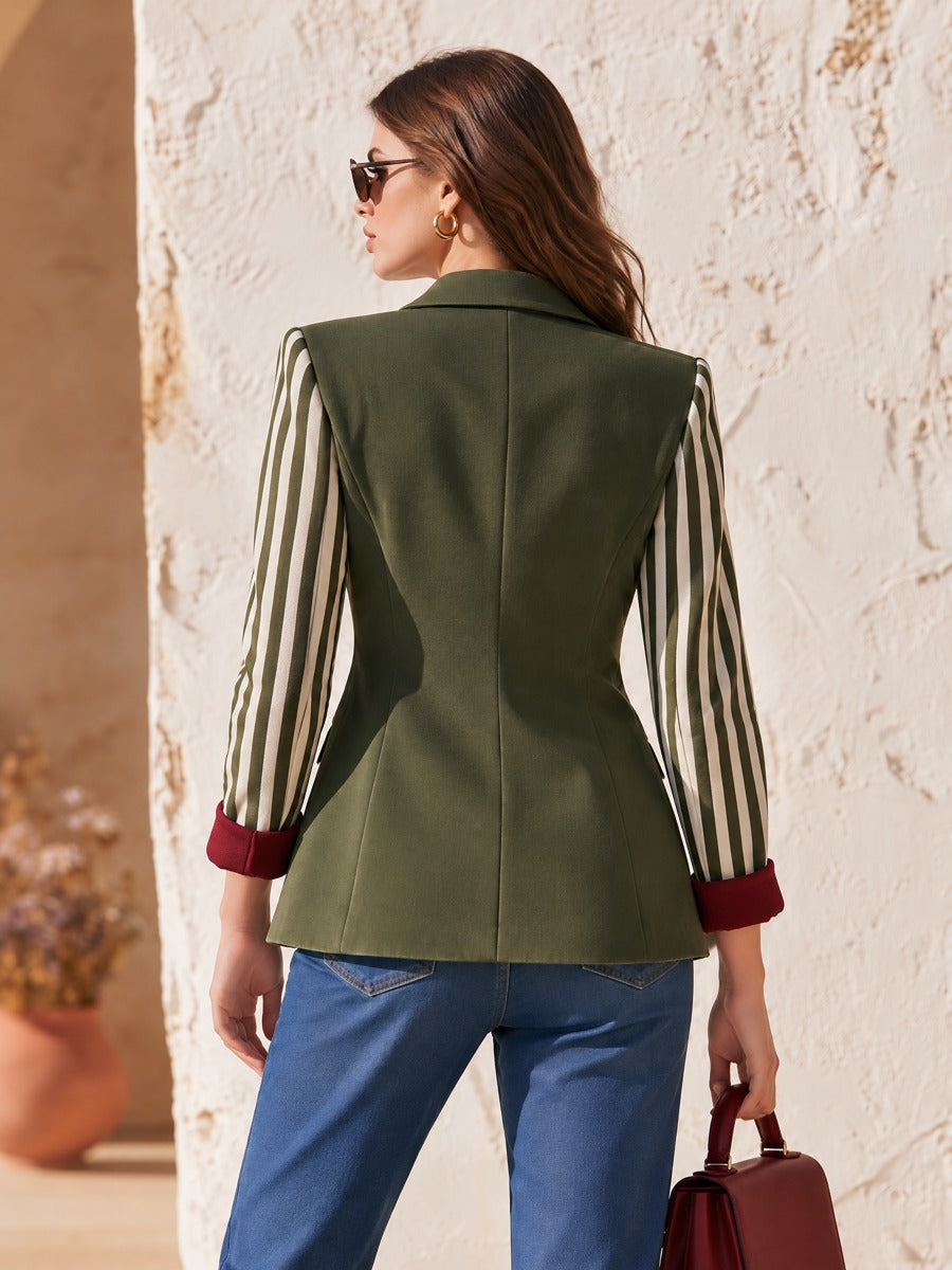 Retro Striped Cuff Olive Green Single-Breasted Faux Suede Blazer