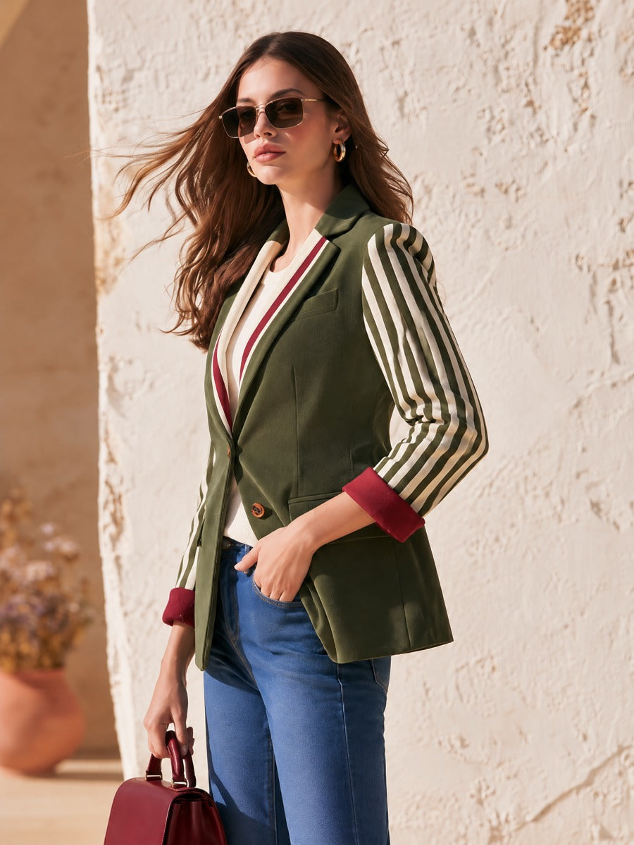 Retro Striped Cuff Olive Green Single-Breasted Faux Suede Blazer