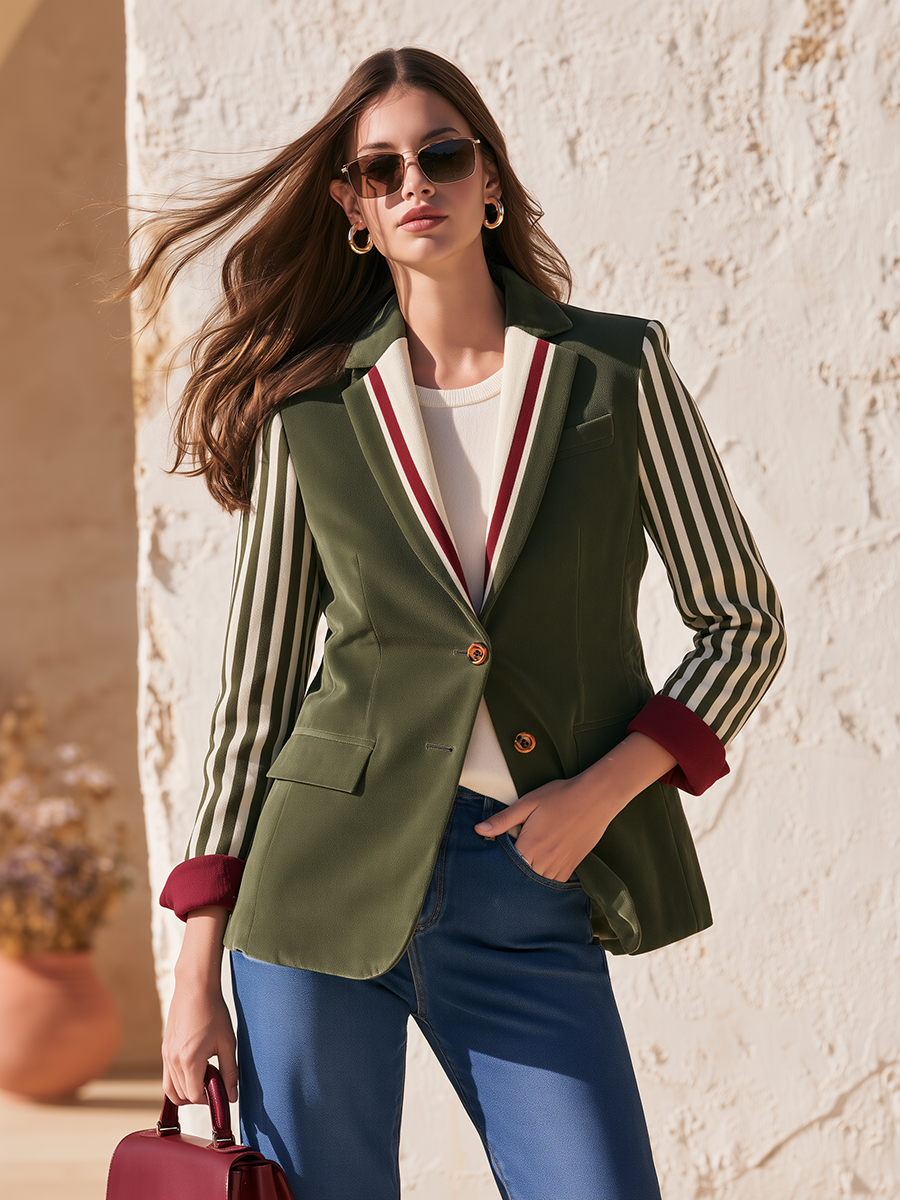 Retro Striped Cuff Olive Green Single-Breasted Faux Suede Blazer