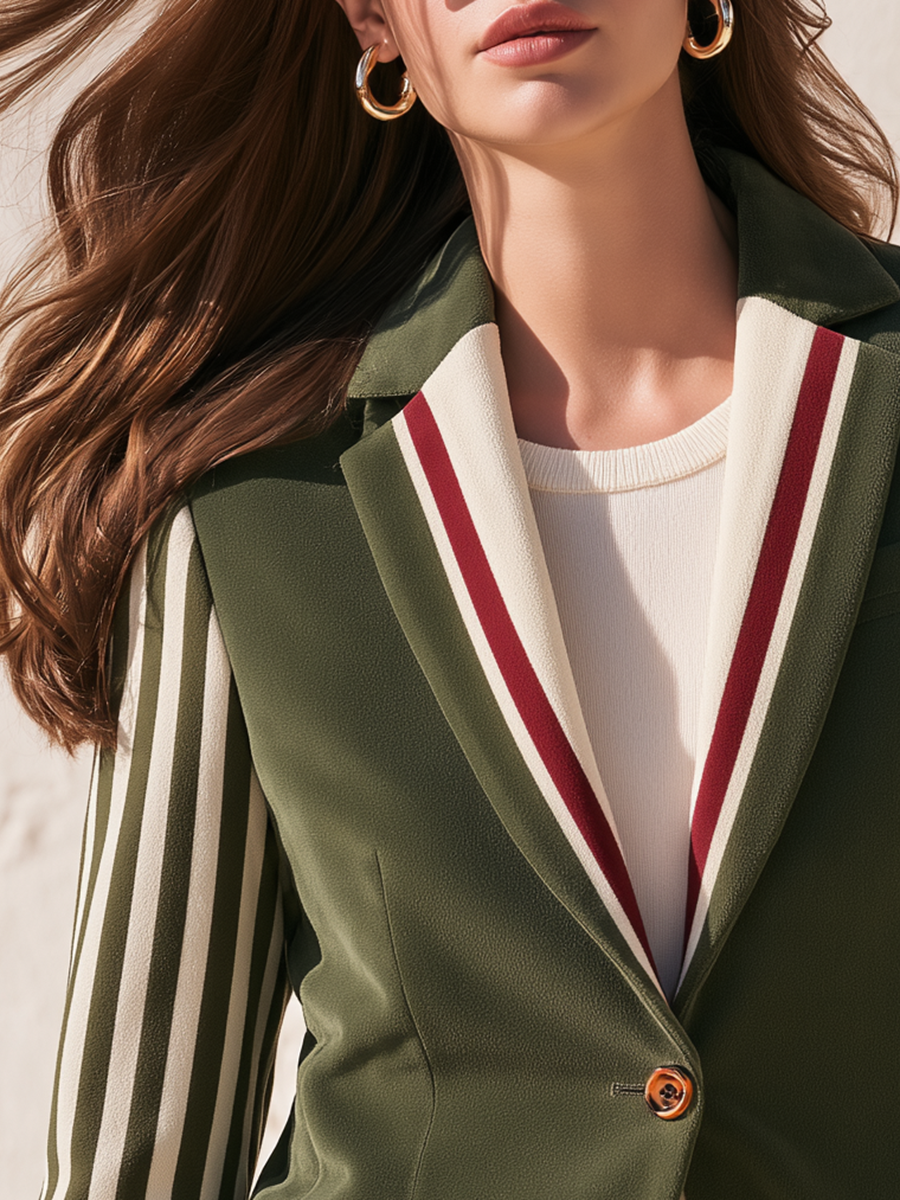 Retro Striped Cuff Olive Green Single-Breasted Faux Suede Blazer