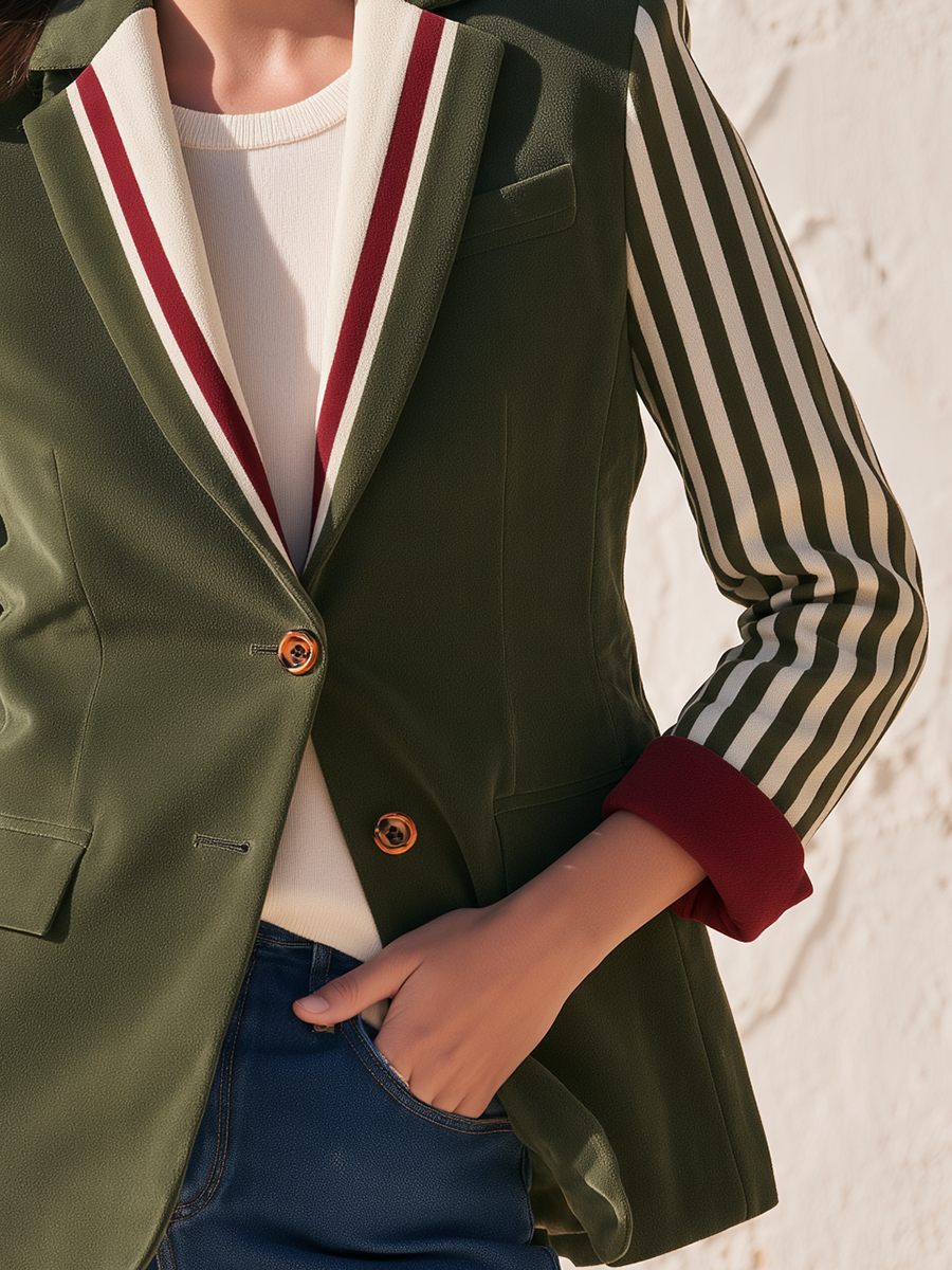 Retro Striped Cuff Olive Green Single-Breasted Faux Suede Blazer