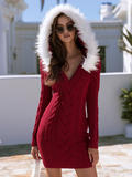 Showstopper Christmas Red Hooded Faux Fur Trim Cable Knit Bodycon Mini Knit Dress