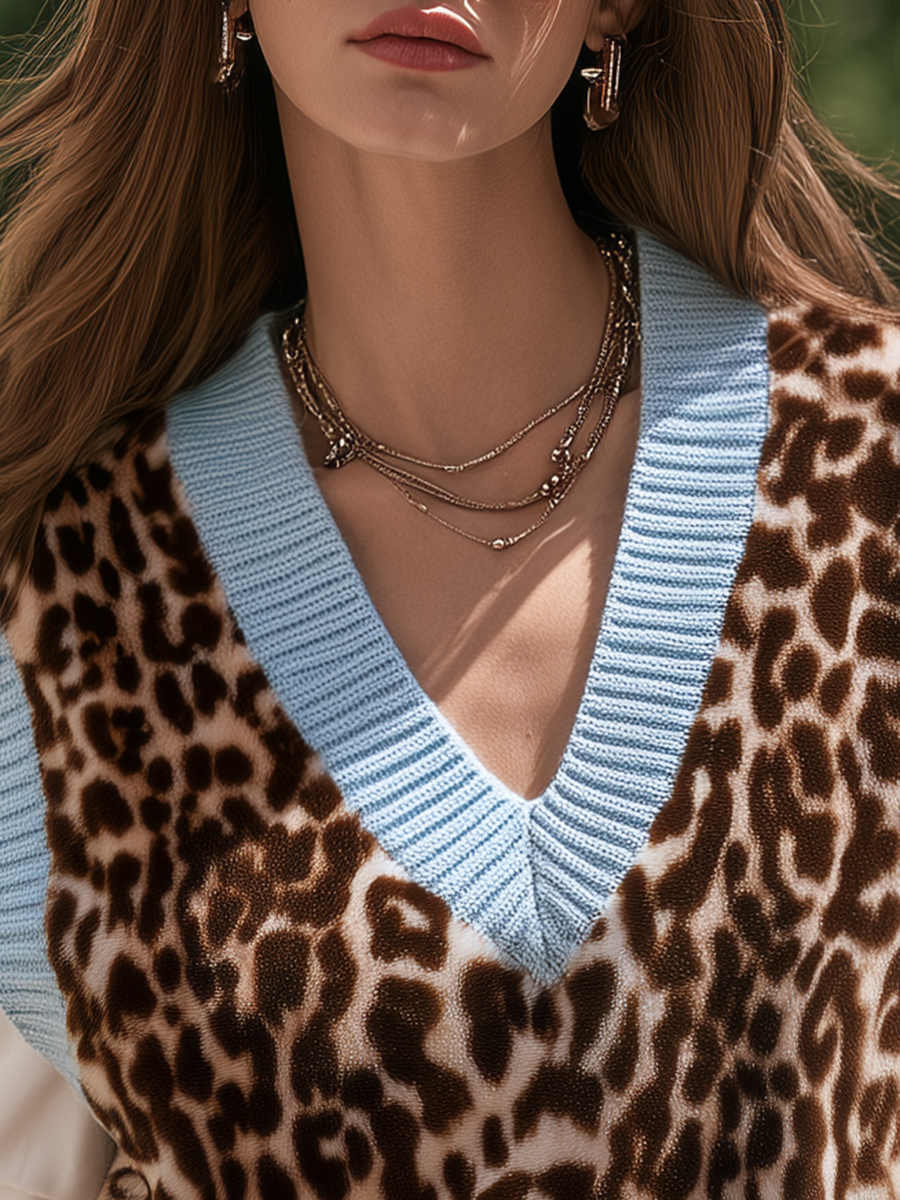 Resort-style Leopard Print Sleeveless Contrasting Color Trim Vest