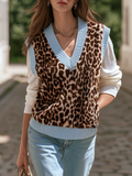 Resort-style Leopard Print Sleeveless Contrasting Color Trim Vest